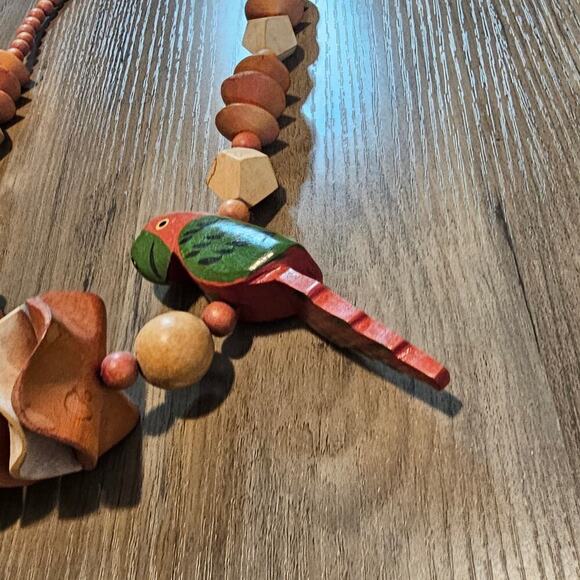 Vintage Wood Parrot Necklace 13" Brown Red Beaded Chunky Birds Retro Indie Boho - Picture 4 of 9